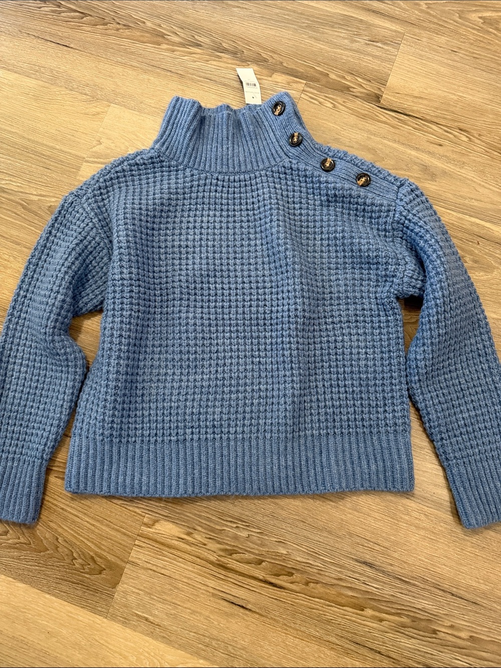 Ann Taylor Blue Waffle Knit Button-Shoulder Sweater NWT